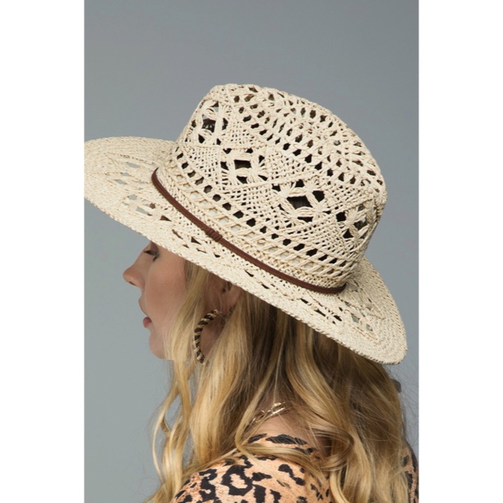 SOLD OUT Natural Bohemian Handwoven Open Weave Faux Leather Banded Panama Hat - Picture 1 of 6